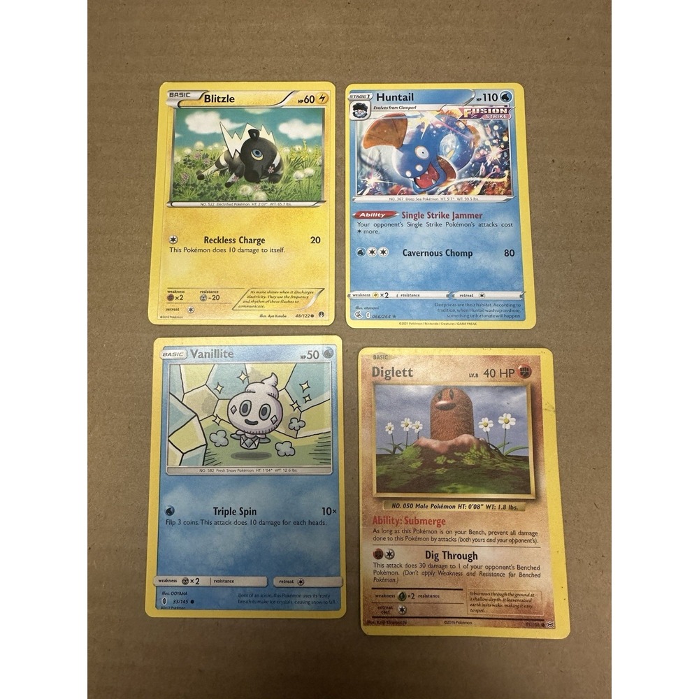 4 miscut error pokemon cards lp - damaged diglett blitzle vanillite huntail